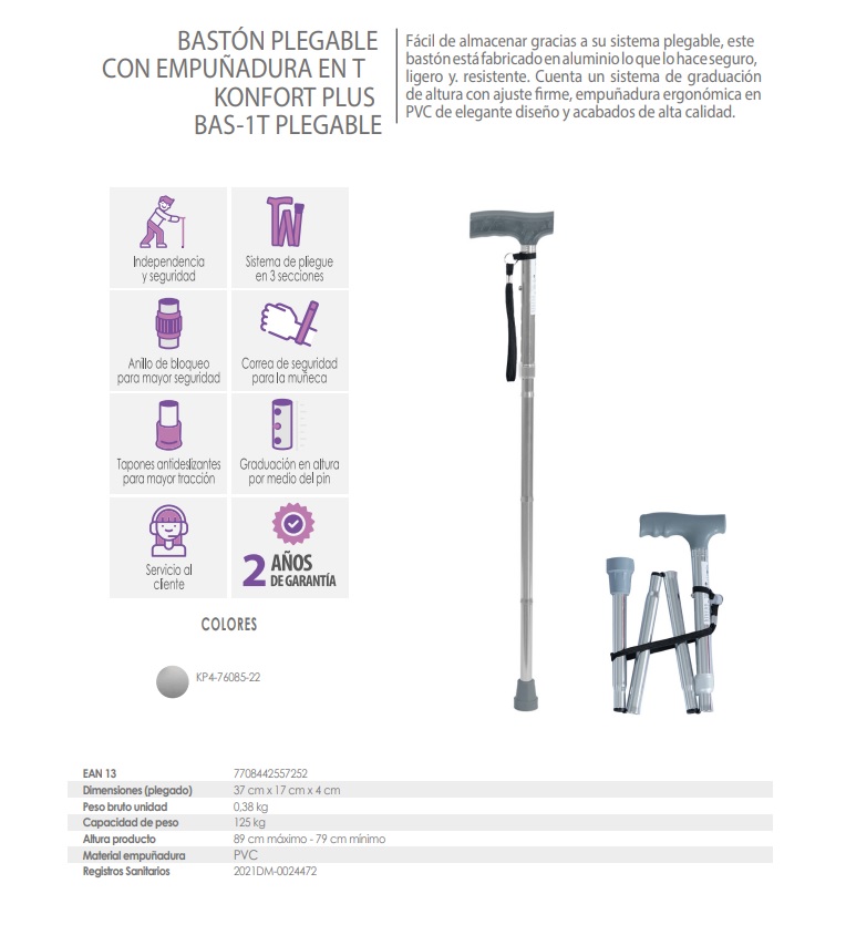 Baston Plegable Aluminio Con Empuñadura Ergonomica En T Color Cromo KP4-