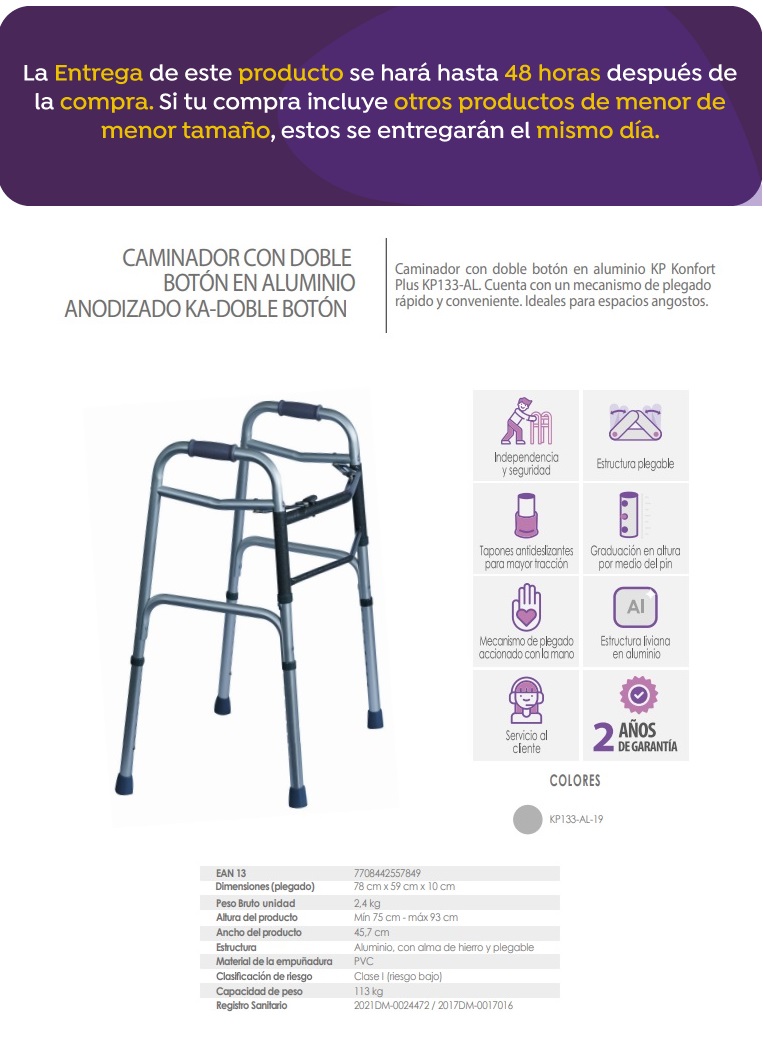 Caminador Plegable Con Doble Boton En Aluminio Color Gris KP133-AL