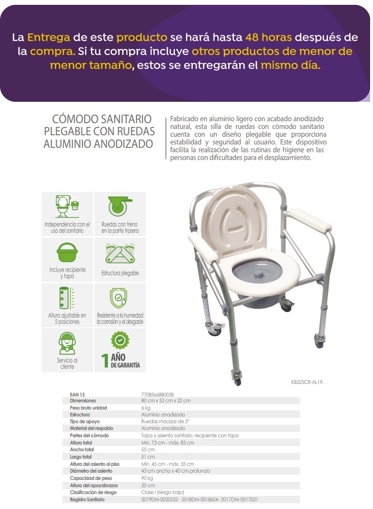 Comodo Sanitario Con Ruedas En Aluminio Color Gris KB225CR-AL19