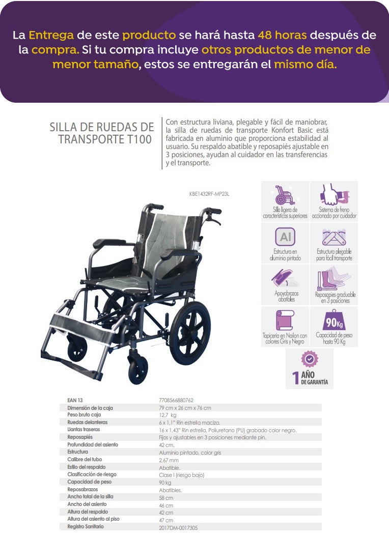 Silla De Ruedas De Transporte Aluminio Color Gris Con Frenos KBE1432RF-