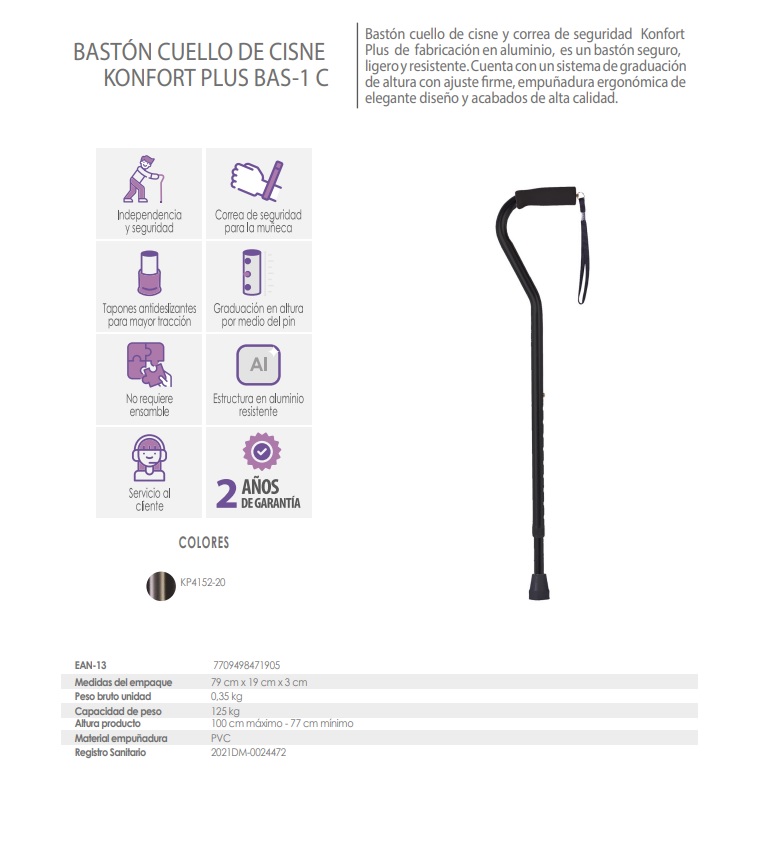 Baston Cuello De Cisne En Aluminio Color Negro Un Apoyo KP4152