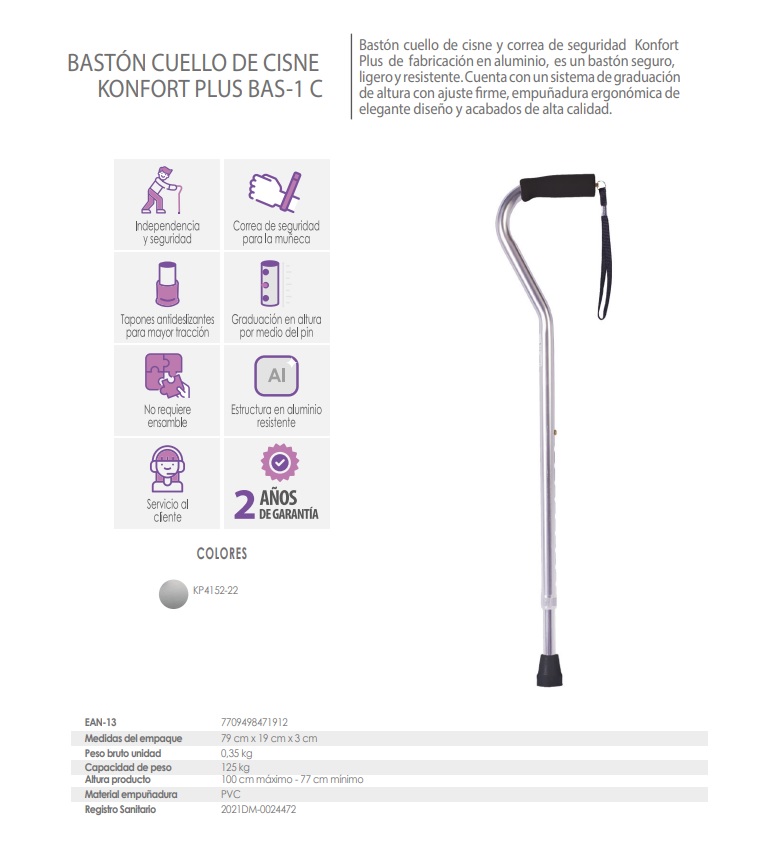 Baston Cuello De Cisne En Aluminio Color Cromo Un Apoyo KP4152