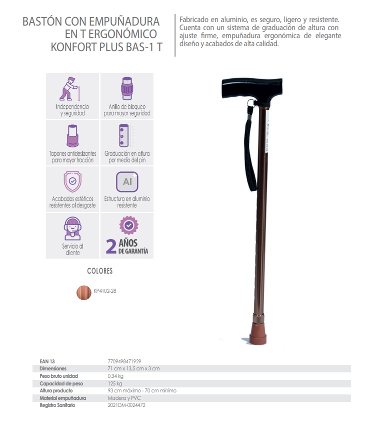 Baston Con Empuñadura Ergonomica En T Aluminio Color Bronce Un Apoyo